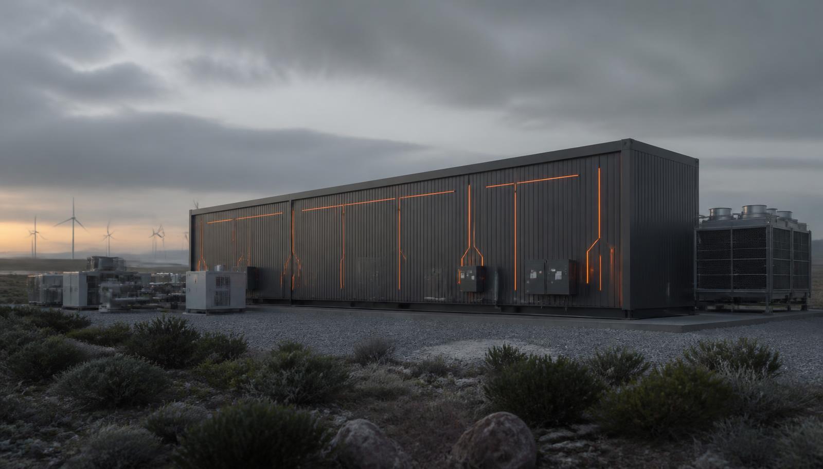 Render of a planned modular data centre unit at dusk, with external cooling plant beside it and wind turbines on the horizon.